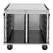 A stainless steel meal delivery cart with multiple tray slots and four wheels.