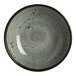 A round, smoke-colored melamine coupe bowl with a speckled design.