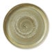 A round, deep porcelain plate with a raised rim and a thyme-colored, textured glaze.
