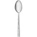 A stainless steel extra heavy weight teaspoon with a textured handle.