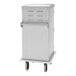 A stainless steel meal delivery cart with six tray capacity, top rail, and four wheels.