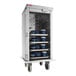 A stainless steel meal delivery cart with six trays and a top rail, designed for transporting food and beverages.
