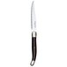 A stainless steel steak knife with a slim, curved blade and a black plastic handle.
