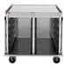 A stainless steel meal delivery cart with multiple tray slots and four wheels.