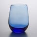 A blue stemless wine glass with a rounded shape and smooth finish.