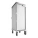 A stainless steel meal delivery cart with a single door and four wheels, designed to hold eight trays.