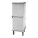 A stainless steel meal delivery cart with a tall rectangular shape, four wheels, and a handle, designed to hold eight trays.