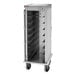 A stainless steel meal delivery cart with eight tray slots and four wheels.