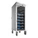 A stainless steel meal delivery cart with eight trays, each holding blue dishware, on four wheels.