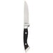 A stainless steel steak knife with a black polypropylene handle and a serrated edge.