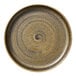 A round, deep raised rim porcelain plate with a textured, swirled cumin-colored finish.