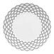 A white porcelain plate with black geometric embossing around the rim.