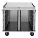A stainless steel meal delivery cart with multiple tray slots and four wheels, designed for transporting 14" x 18" trays.