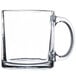 A clear glass 13 oz. warm beverage mug with a handle.