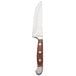 A stainless steel steak knife with a brown handle and three rivets.