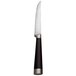 A stainless steel serrated steak knife with a black plastic handle.