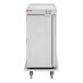 A stainless steel meal delivery cart with a single door and wheels, designed to hold six trays.