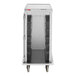 A stainless steel meal delivery cart with six tray slots and wheels.