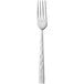 A stainless steel dinner fork with a textured handle.