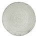 A round, stone-colored melamine plate with a textured, crackled finish and slightly distressed edges.