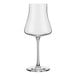 A clear, stemmed wine glass with a wide bowl and narrow rim.