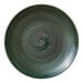A round, green porcelain coupe plate with a textured spiral design in the center.