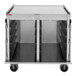 A stainless steel meal delivery cart with multiple tray slots and four wheels, designed to hold 20 trays sized 15" x 20".