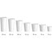 A set of white single wall poly paper hot cups in various sizes ranging from 4 oz. to 24 oz.