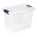 A clear plastic storage box with a white lid and purple latches.