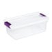 A clear plastic storage box with a white lid and purple latch handles.