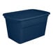 A large marine blue plastic storage tote with a fitted lid.