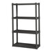 A gray four-shelf plastic storage unit.