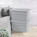 A pair of large gray plastic storage totes with lids stacked next to a bed.