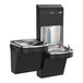 A black bi-level drinking fountain with a hands-free filtered bottle filling station and UV-protected stainless steel construction.
