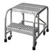 A two-step welded aluminum rolling ladder with serrated tread and a 350 lb. capacity.