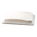 A rectangular yellow cake with smooth white buttercreme icing on a tray.