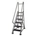 A gray powder-coated steel rolling office ladder with six steps and handrails.