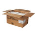 A cardboard box labeled 'Frozen Bakery Products' containing Rich's chocolate cake with whipped icing.