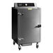 A stainless steel electric wood-fired stationary rack smoker with a front door and control panel on top.