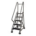 A gray powder-coated steel rolling office ladder with five steps and handrails.