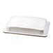 A rectangular yellow cake with white whipped icing on a cardboard base.