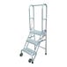 A three-step aluminum foldable rolling ladder with handrails and wheels.