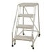 A four-step welded aluminum rolling ladder with serrated tread and a 350 lb. capacity.
