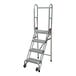 A four-step aluminum foldable rolling ladder with handrails and wheels.