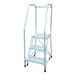 A three-step welded aluminum rolling ladder with handrails and serrated tread.
