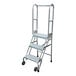 A three-step aluminum foldable rolling ladder with perforated tread and handrails.