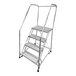 A four-step welded aluminum rolling ladder with handrails and serrated tread.