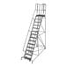 A tall, gray, 14-step steel rolling ladder with handrails and a platform at the top.