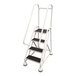 A four-step gray powder-coated steel rolling office ladder with handrails and a 450 lb. capacity.