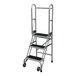 A three-step aluminum foldable rolling ladder with ribbed vinyl treads and a handrail.